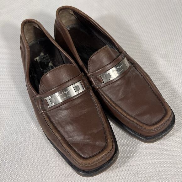 Salvatore Ferragamo Other - Salvatore Ferragamo Gancini Logo‎ Plate Loafers Brown Leather Men's Size 8.5 D